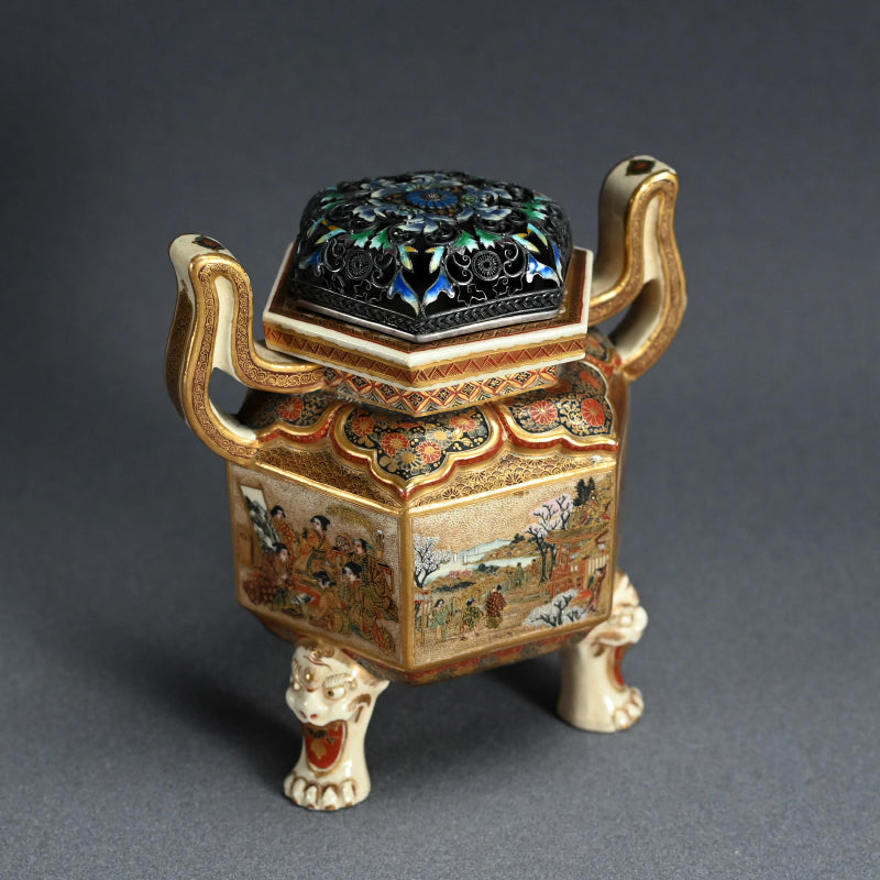 Meiji Period Satsuma Incense Burner ー薩摩錦手 人物風景文六角香炉