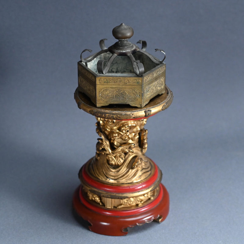 Buddhist Koro Incense Burner w/ Gilded Wooden Stand