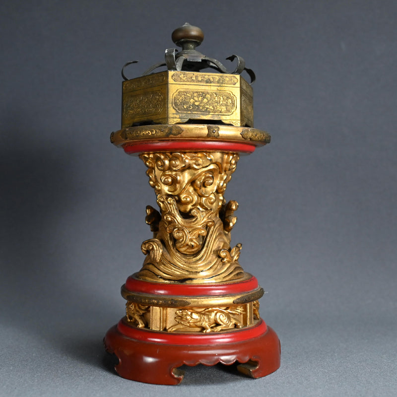 Buddhist Koro Incense Burner w/ Gilded Wooden Stand