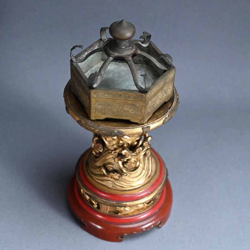 Buddhist Koro Incense Burner w/ Gilded Wooden Stand