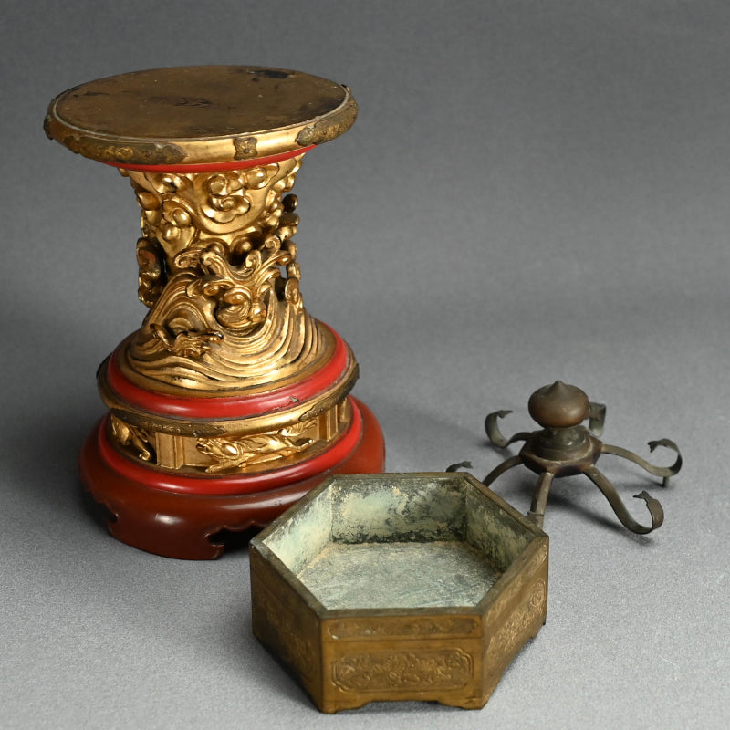 Buddhist Koro Incense Burner w/ Gilded Wooden Stand