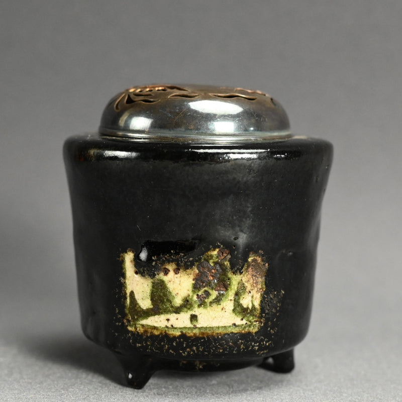 Kenzan Style Black Raku Koro Censer with Silver Lid ー乾山楽焼 香炉
