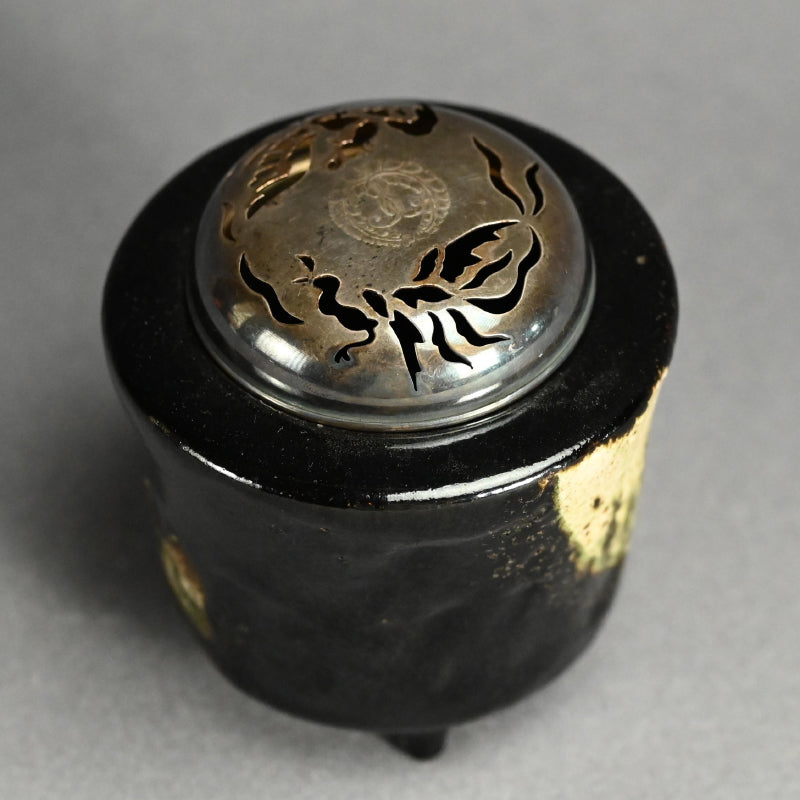 Kenzan Style Black Raku Koro Censer with Silver Lid ー乾山楽焼 香炉