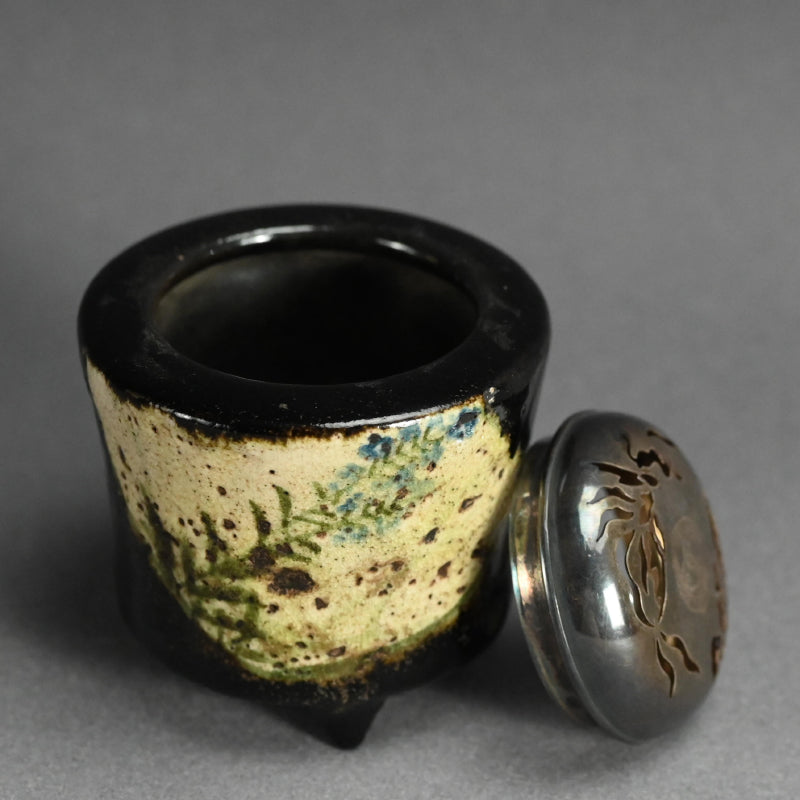 Kenzan Style Black Raku Koro Censer with Silver Lid ー乾山楽焼 香炉