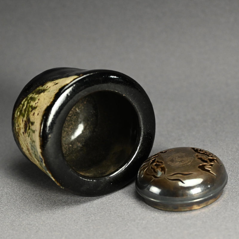 Kenzan Style Black Raku Koro Censer with Silver Lid ー乾山楽焼 香炉