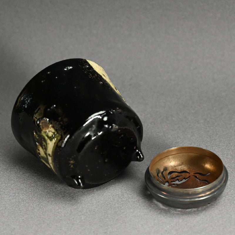 Kenzan Style Black Raku Koro Censer with Silver Lid ー乾山楽焼 香炉