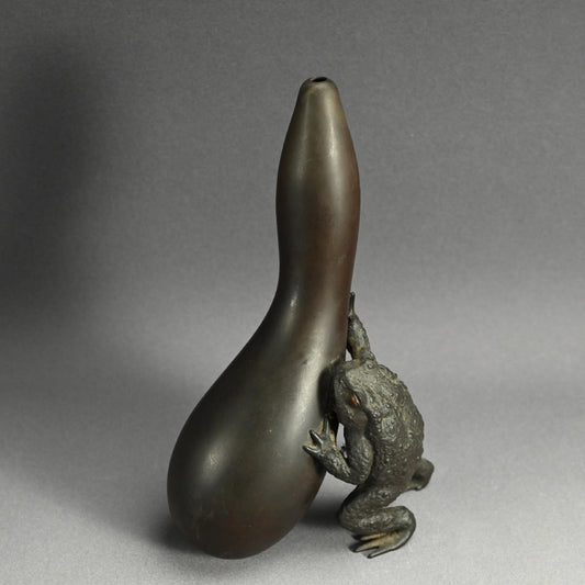 Antique Japanese Bronze Gourd Vase with Frog
