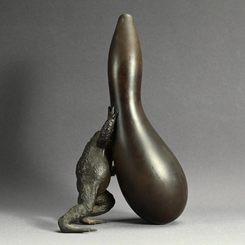 Antique Japanese Bronze Gourd Vase with Frog