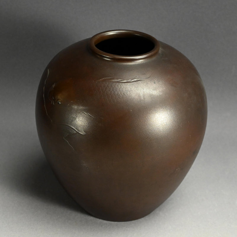 Antique Japanese Bronze Koi Vase, Swimming Carp