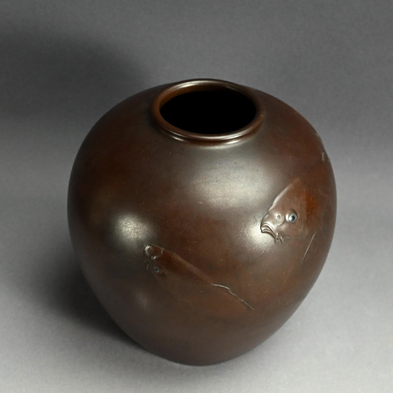 Antique Japanese Bronze Koi Vase, Swimming Carp