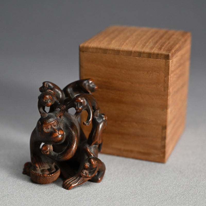 Carved Wooden Monkey Troop Stand for Crystal Ball