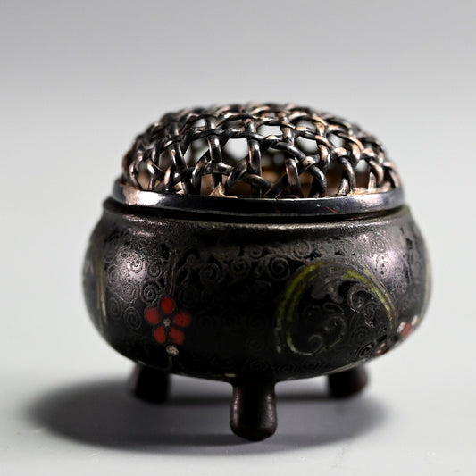 Tiny Antique Cloisonne Koro with Solid Silver Lid
