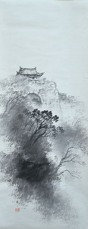 Antique Japanese Painted Scroll, “Kojo” ー平井 楳仙 "古城暮"