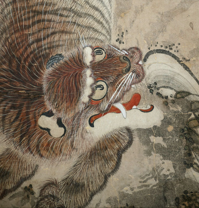 Antique Japanese Edo p. Nagasaki School Scroll, Tiger & Waves