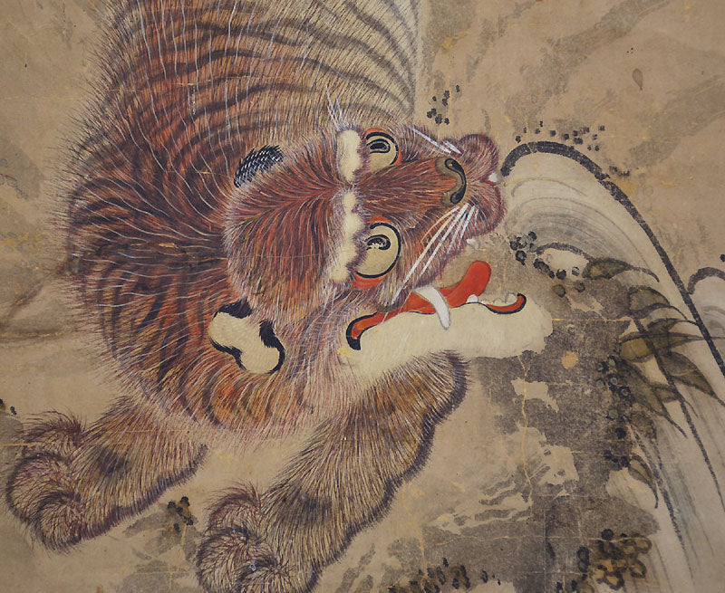 Antique Japanese Edo p. Nagasaki School Scroll, Tiger & Waves