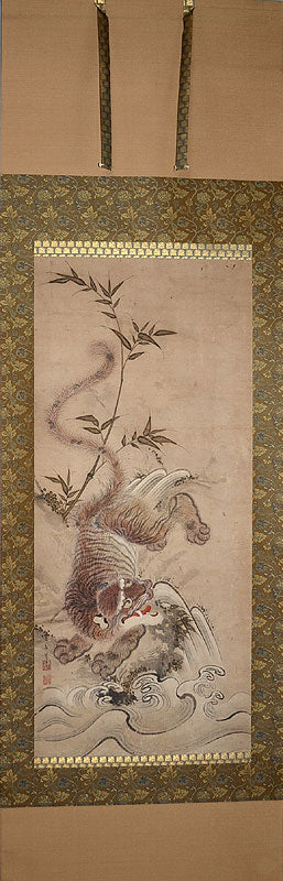 Antique Japanese Edo p. Nagasaki School Scroll, Tiger & Waves