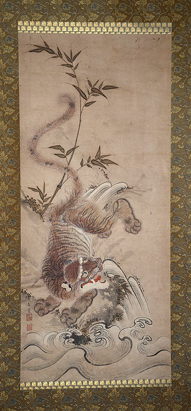 Antique Japanese Edo p. Nagasaki School Scroll, Tiger & Waves