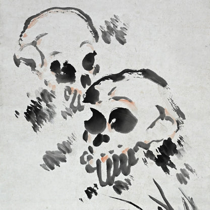 Meiji period Scroll, Skulls among the weeds ー獅子門 一味庵