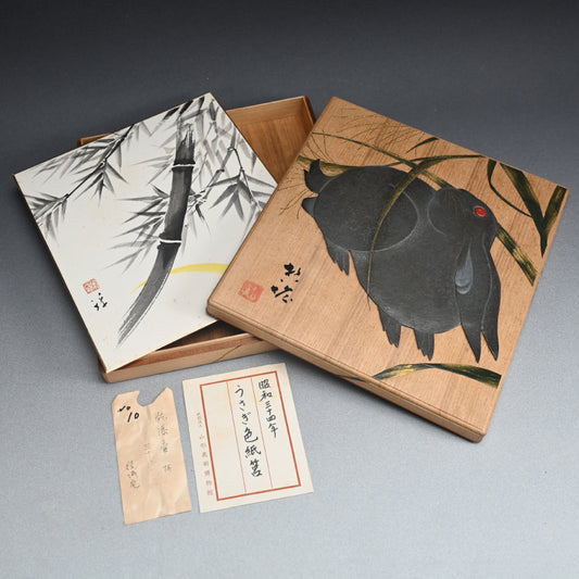 Japanese Lacquered Wooden Shikishi Paper Box with Rabbit