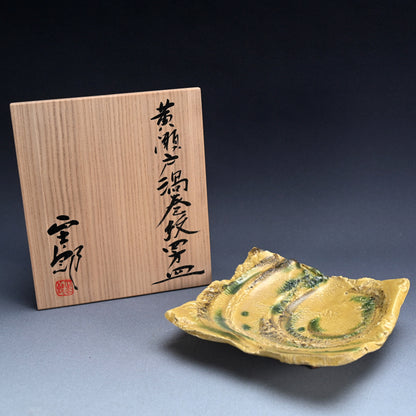 Brilliant Yellow Glazed Swirling Dish ―"黄瀬戸渦巻紋四方皿"