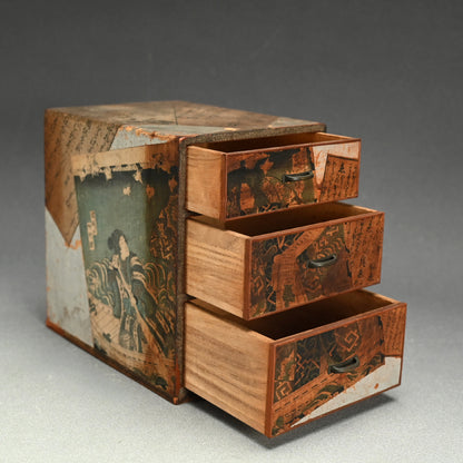 Antique Wooden Chest w/ Woodblock Prints, perfect for Jewelry Box