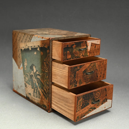 Antique Wooden Chest w/ Woodblock Prints, perfect for Jewelry Box