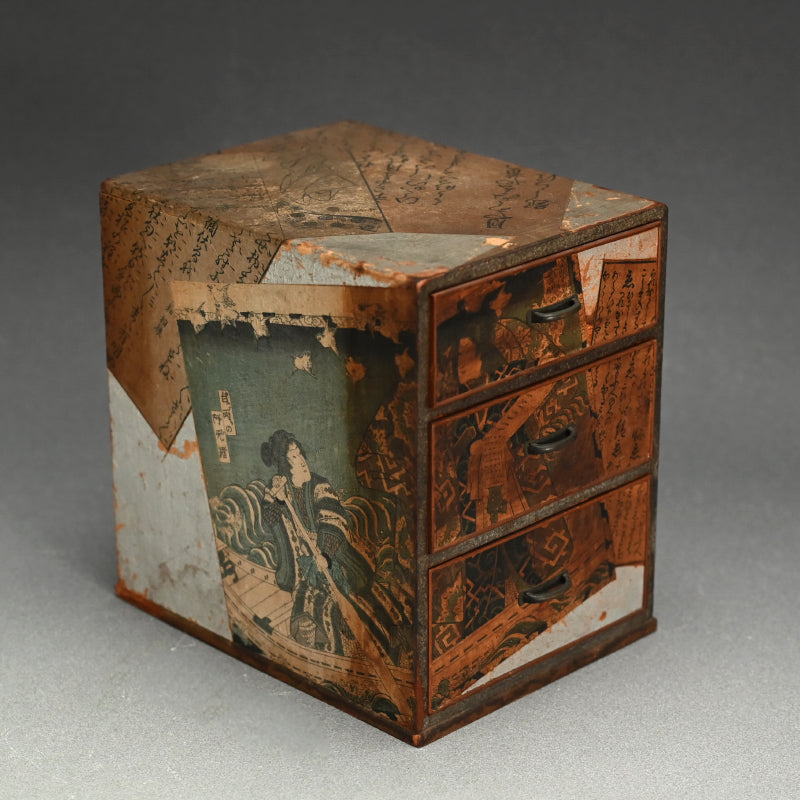 Antique Wooden Chest w/ Woodblock Prints, perfect for Jewelry Box