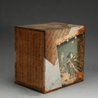 Antique Wooden Chest w/ Woodblock Prints, perfect for Jewelry Box