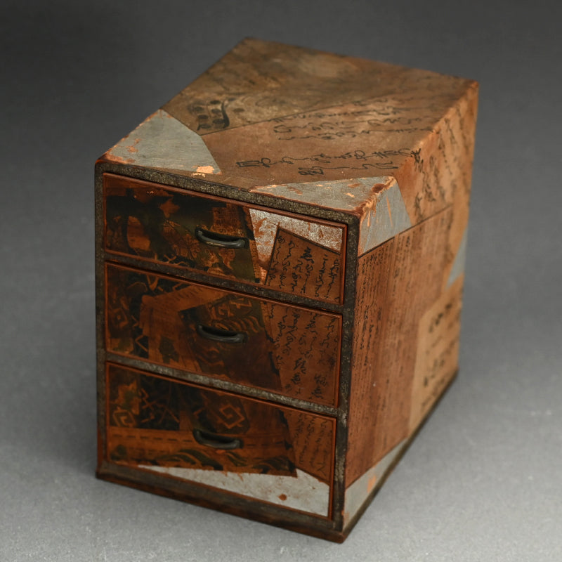 Antique Wooden Chest w/ Woodblock Prints, perfect for Jewelry Box