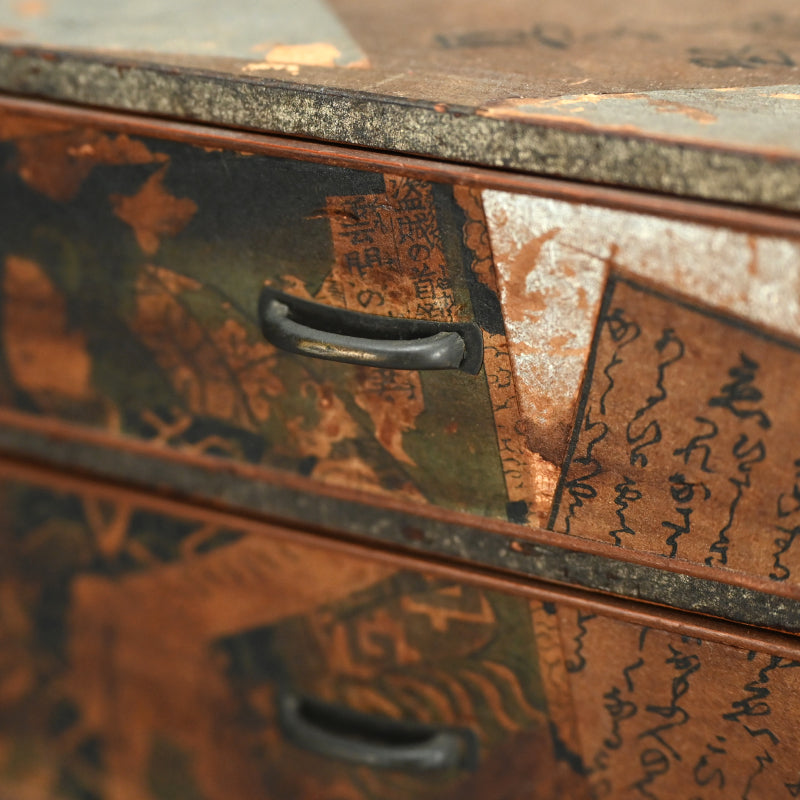 Antique Wooden Chest w/ Woodblock Prints, perfect for Jewelry Box