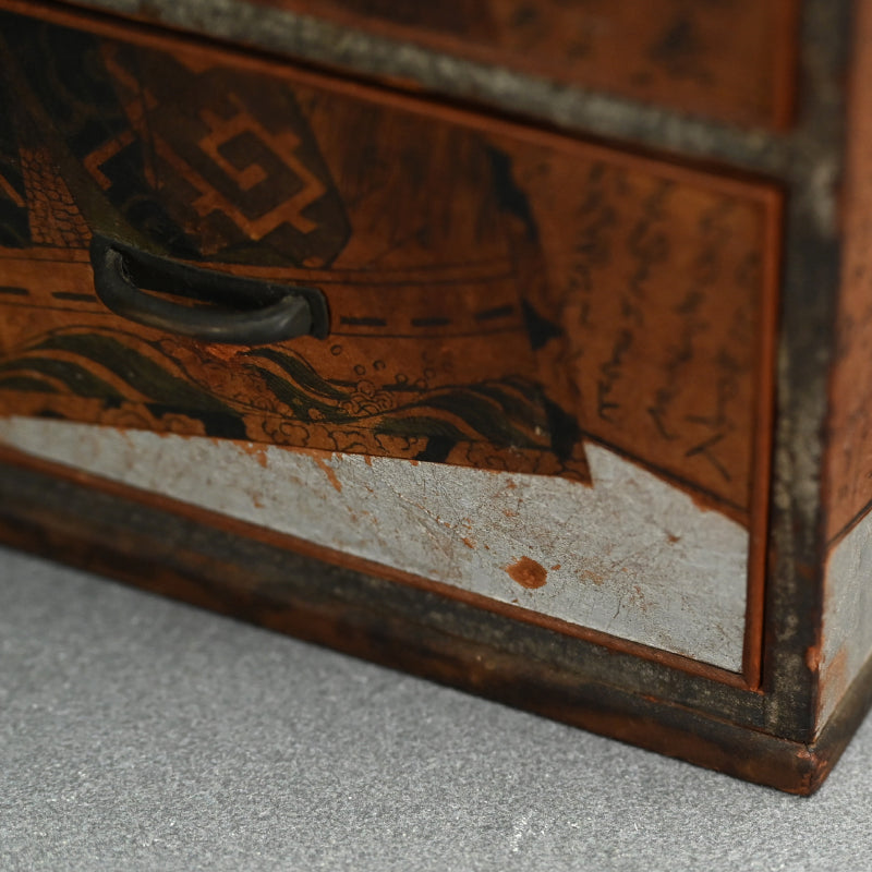 Antique Wooden Chest w/ Woodblock Prints, perfect for Jewelry Box