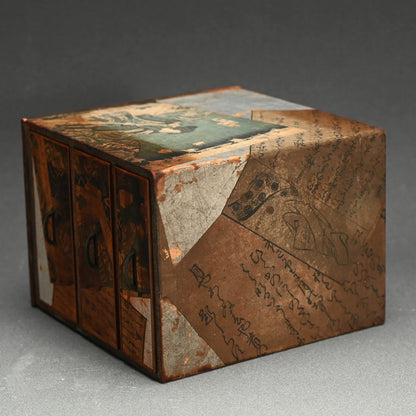 Antique Wooden Chest w/ Woodblock Prints, perfect for Jewelry Box