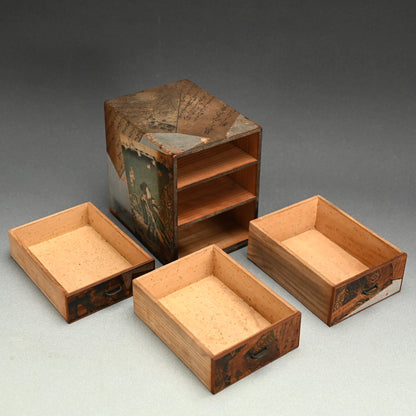 Antique Wooden Chest w/ Woodblock Prints, perfect for Jewelry Box