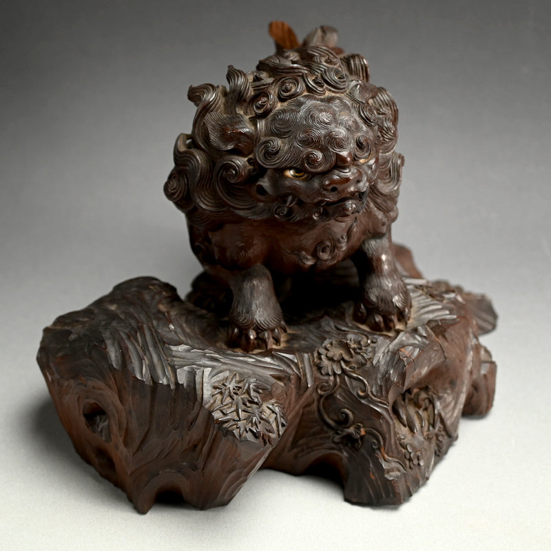 Wild Meiji Period Wood Carving, Mythical Shishi Lion