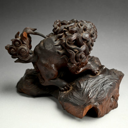 Wild Meiji Period Wood Carving, Mythical Shishi Lion