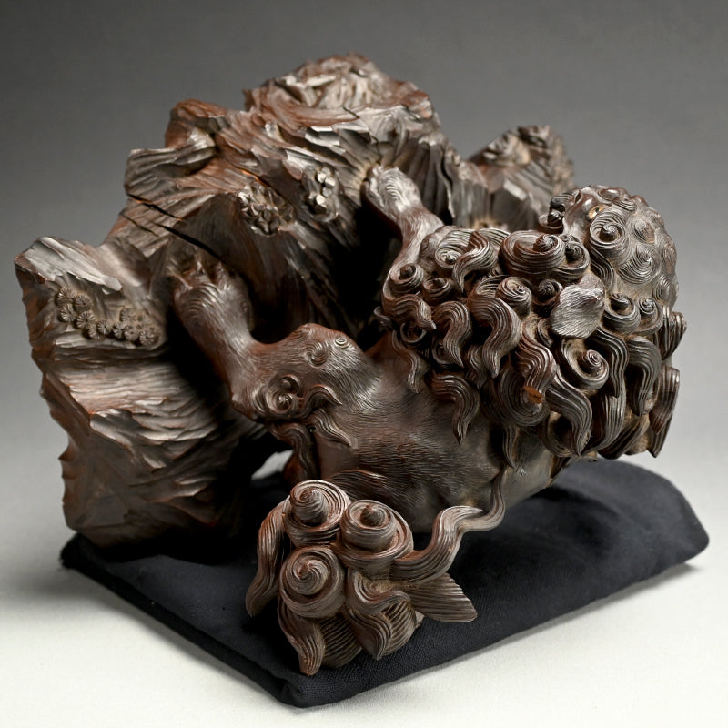 Wild Meiji Period Wood Carving, Mythical Shishi Lion