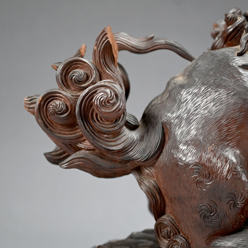 Wild Meiji Period Wood Carving, Mythical Shishi Lion