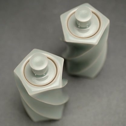 Pair Mentori Covered Bottle Vases ー"青白磁 対面取蓋物"