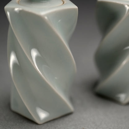 Pair Mentori Covered Bottle Vases ー"青白磁 対面取蓋物"