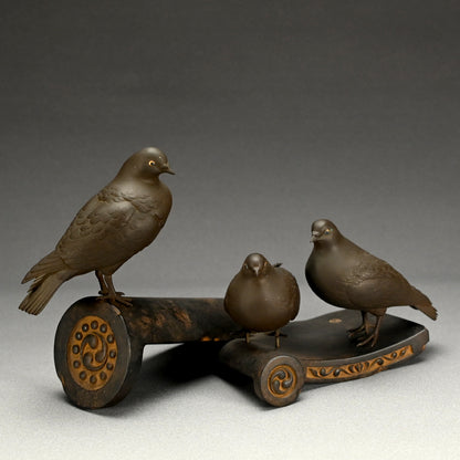 Silver & Gold Accented Taisho Period Bronze Okimono, 3 Pigeons