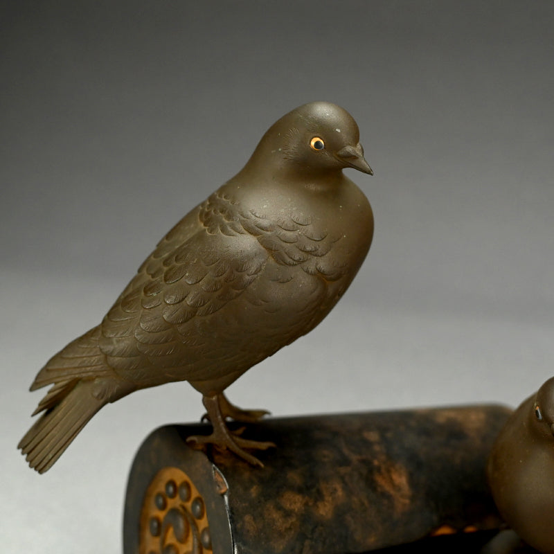 Silver & Gold Accented Taisho Period Bronze Okimono, 3 Pigeons