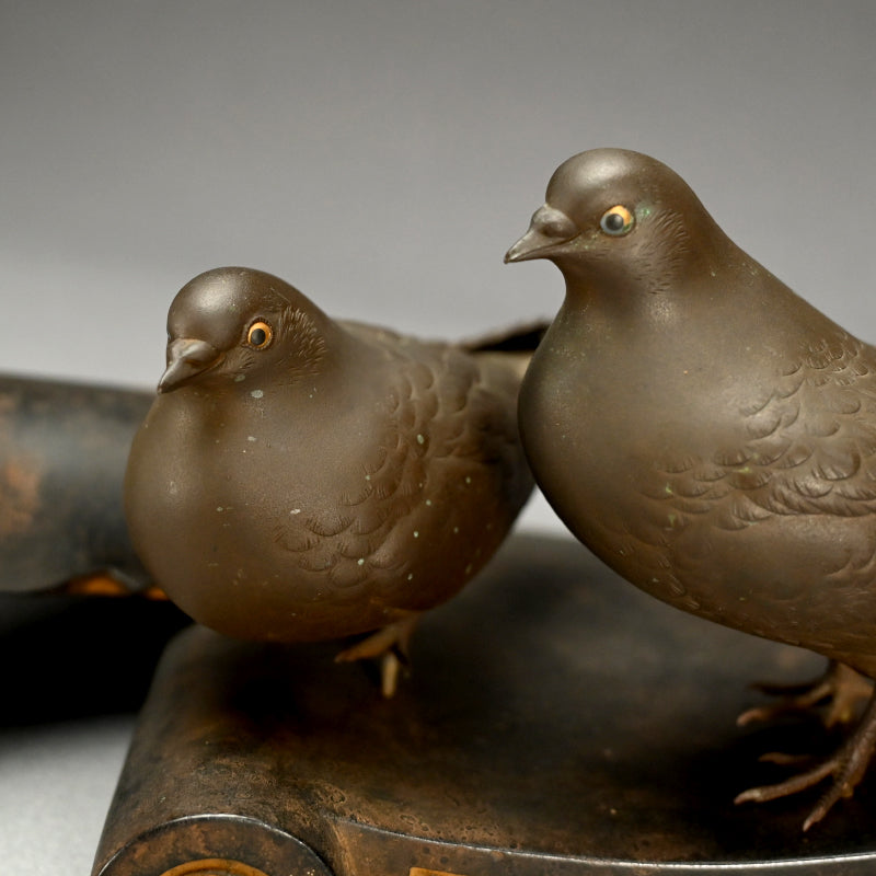 Silver & Gold Accented Taisho Period Bronze Okimono, 3 Pigeons