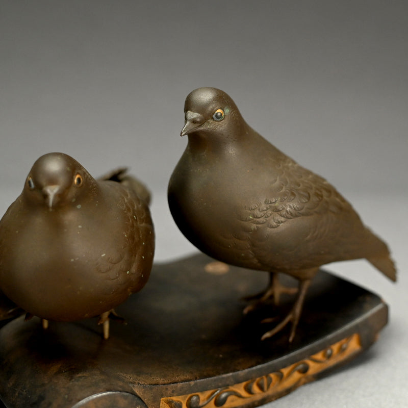 Silver & Gold Accented Taisho Period Bronze Okimono, 3 Pigeons