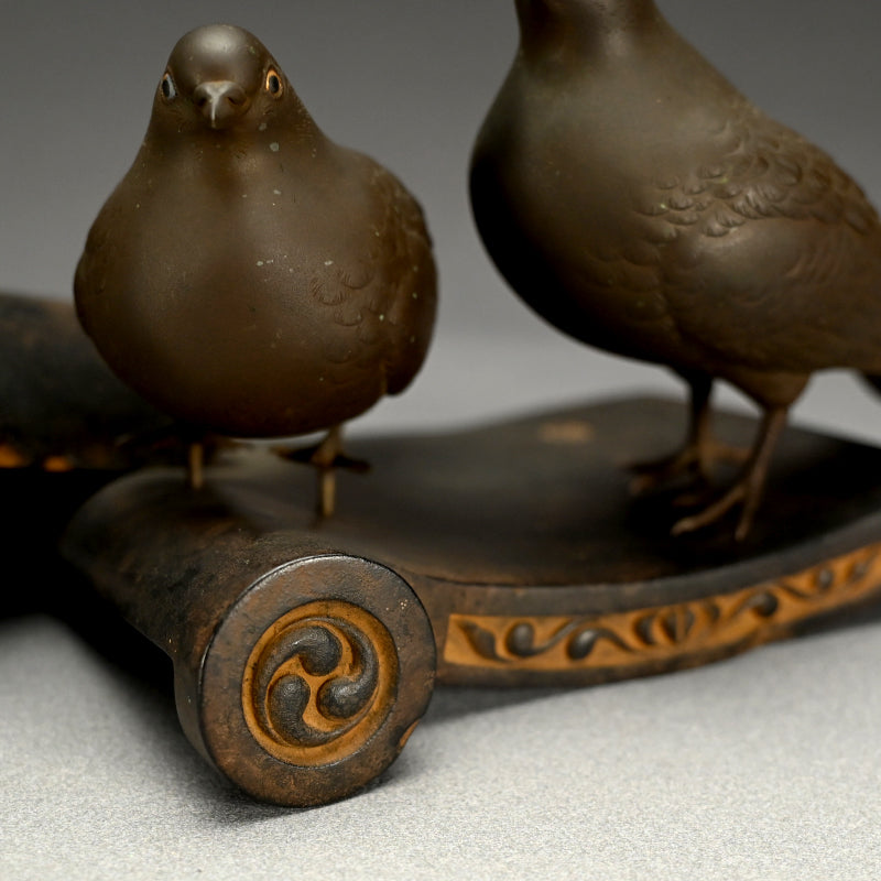 Silver & Gold Accented Taisho Period Bronze Okimono, 3 Pigeons