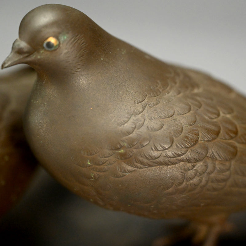 Silver & Gold Accented Taisho Period Bronze Okimono, 3 Pigeons