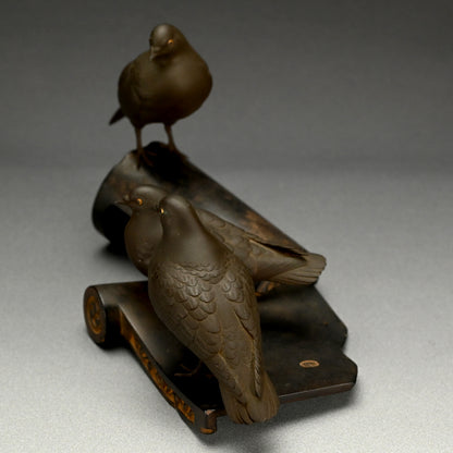 Silver & Gold Accented Taisho Period Bronze Okimono, 3 Pigeons