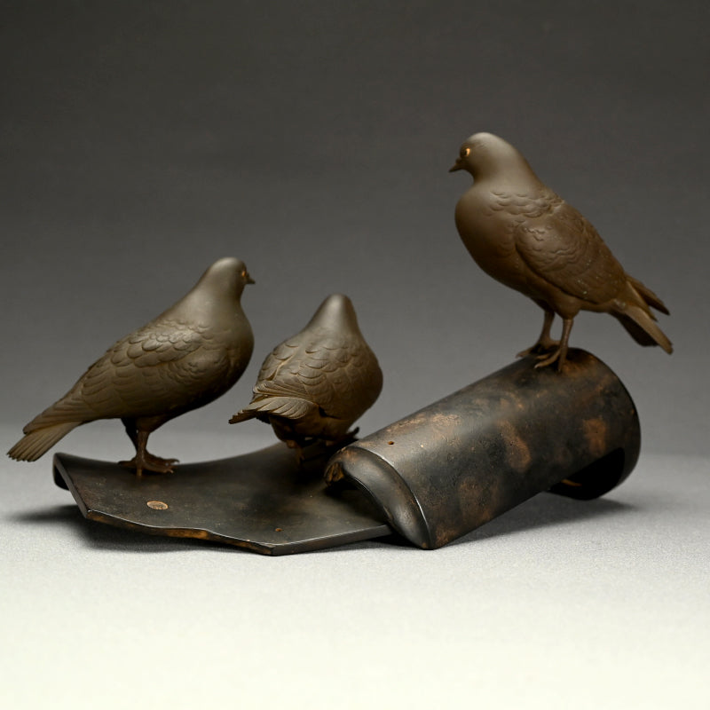 Silver & Gold Accented Taisho Period Bronze Okimono, 3 Pigeons