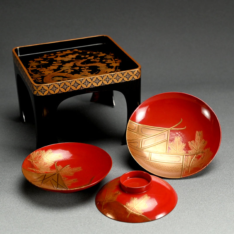 Fabulous 19th c. Lacquer Sake Stand & Cup Set