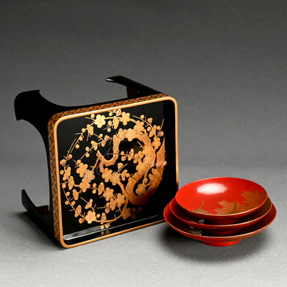 Fabulous 19th c. Lacquer Sake Stand & Cup Set