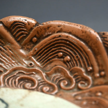 Unusual Gennai Yaki Basin, Waves and Basho Leaves